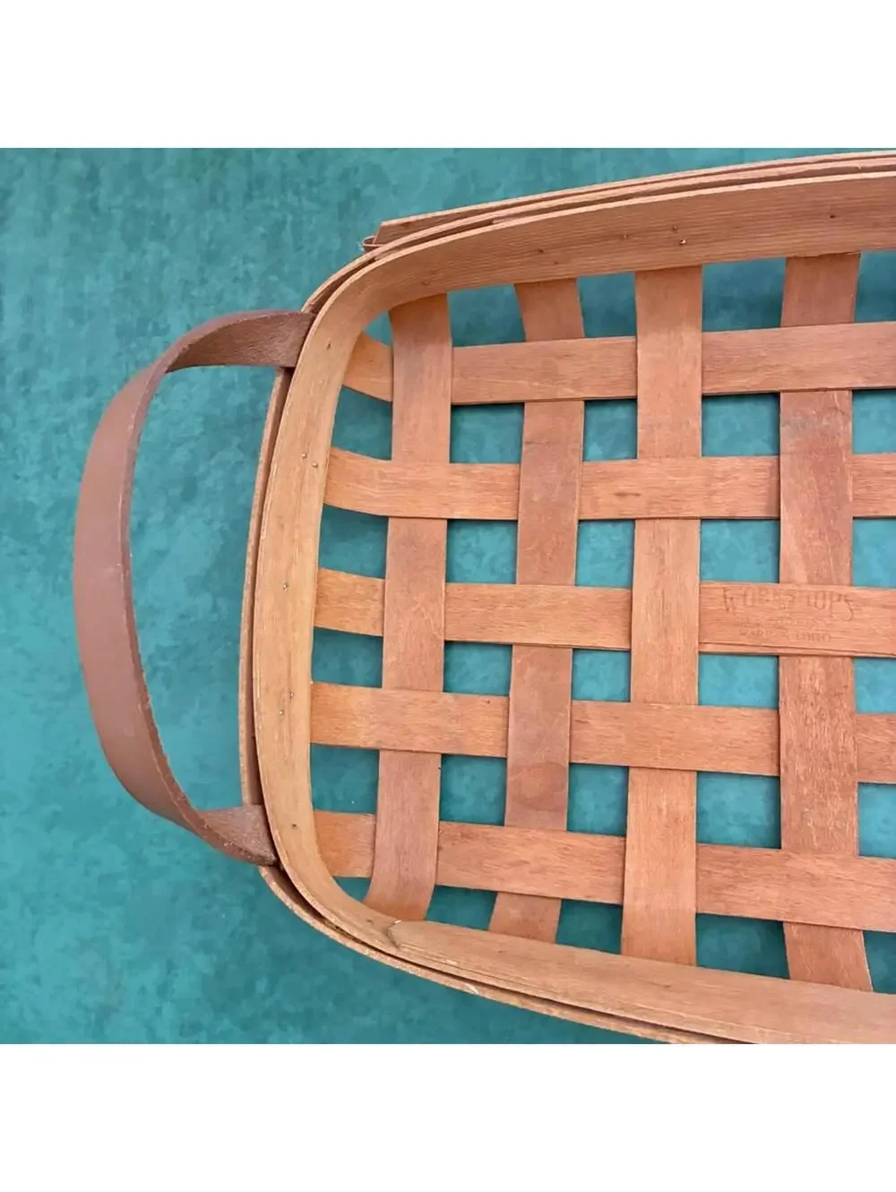 Gerald E Henn Tobacco Basket Tray Rectangular Woven Wood Leather Handles